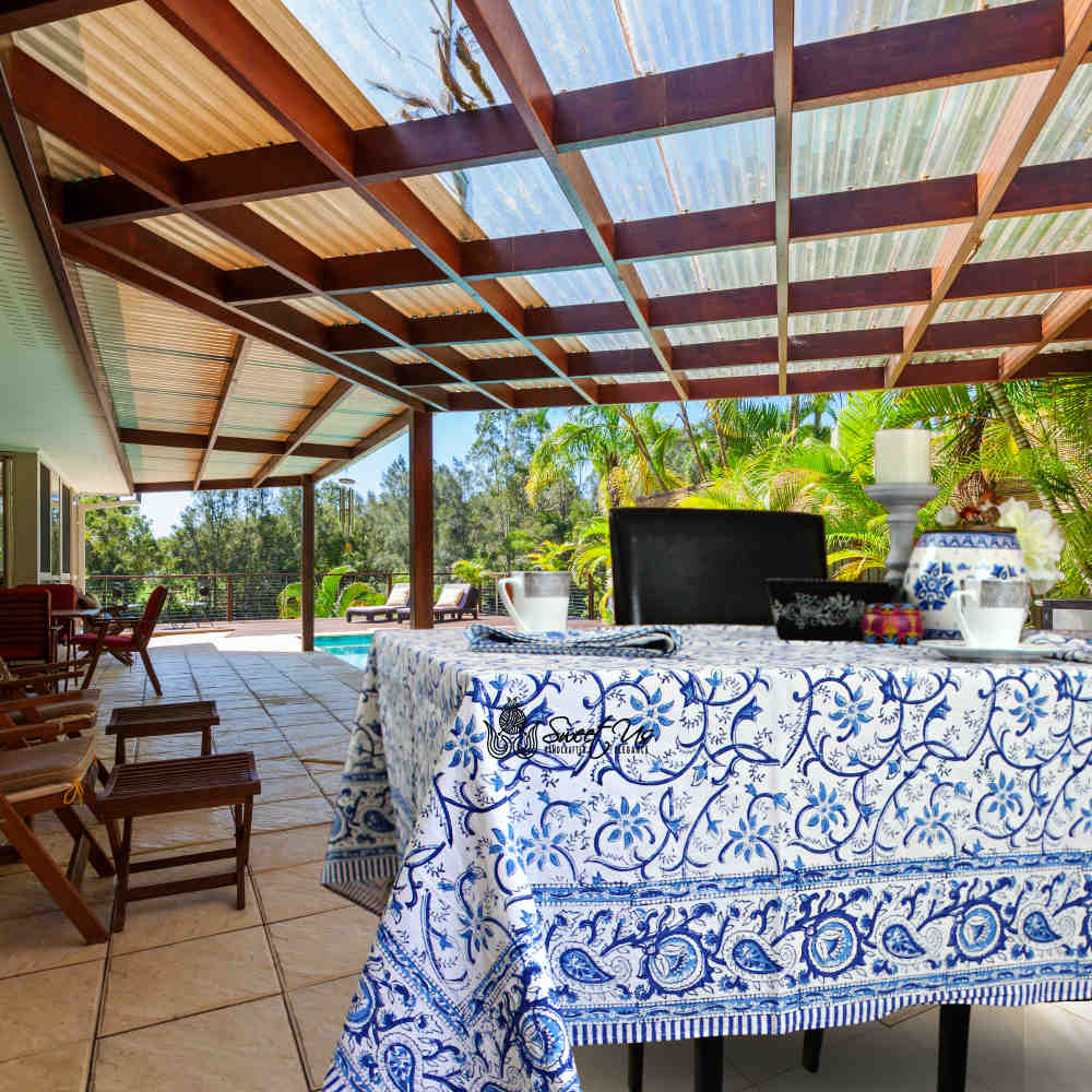 Stella Floral Block Print Cotton Tablecloth Collection, Blue Opal