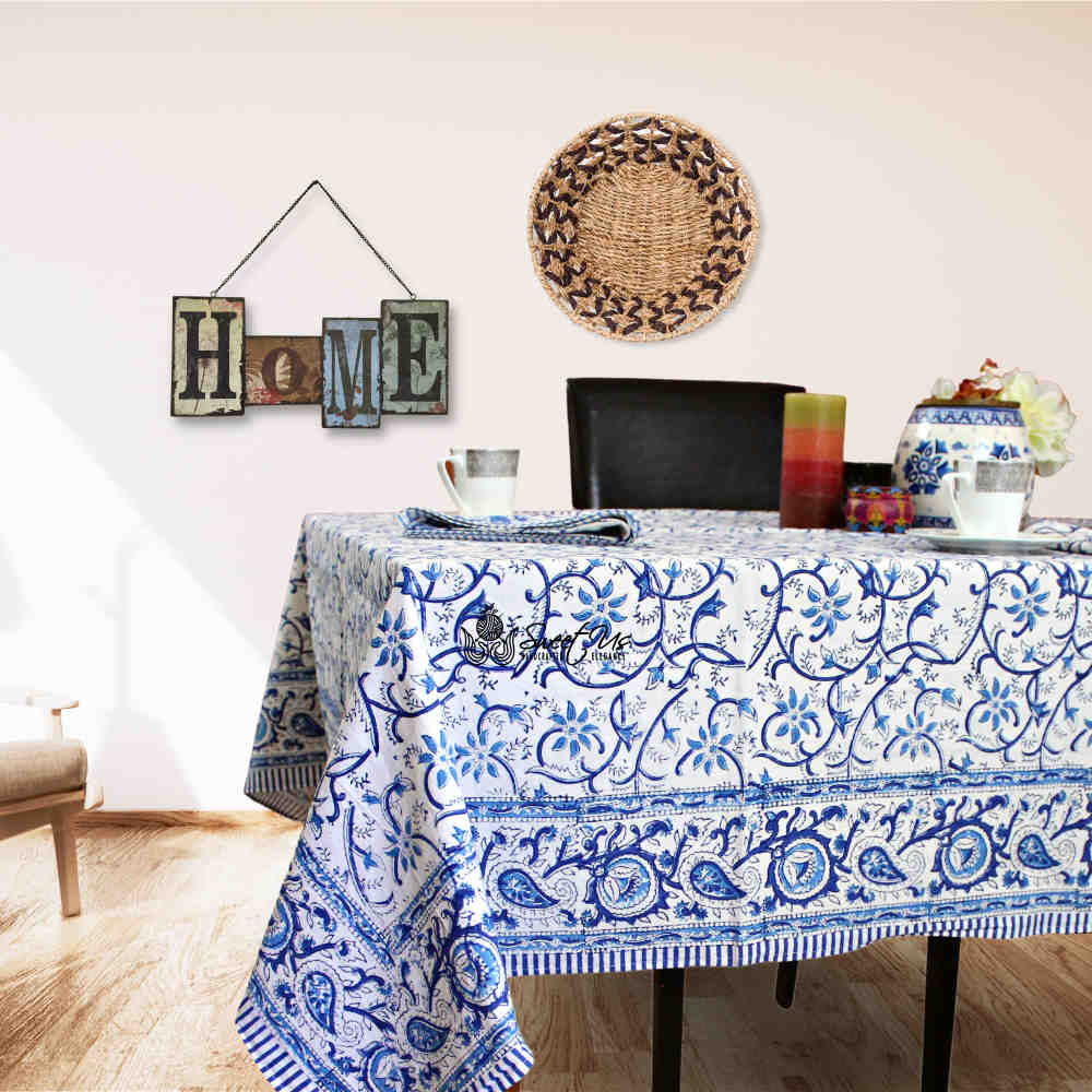 Stella Floral Block Print Cotton Tablecloth Collection, Blue Opal - Sweet Us