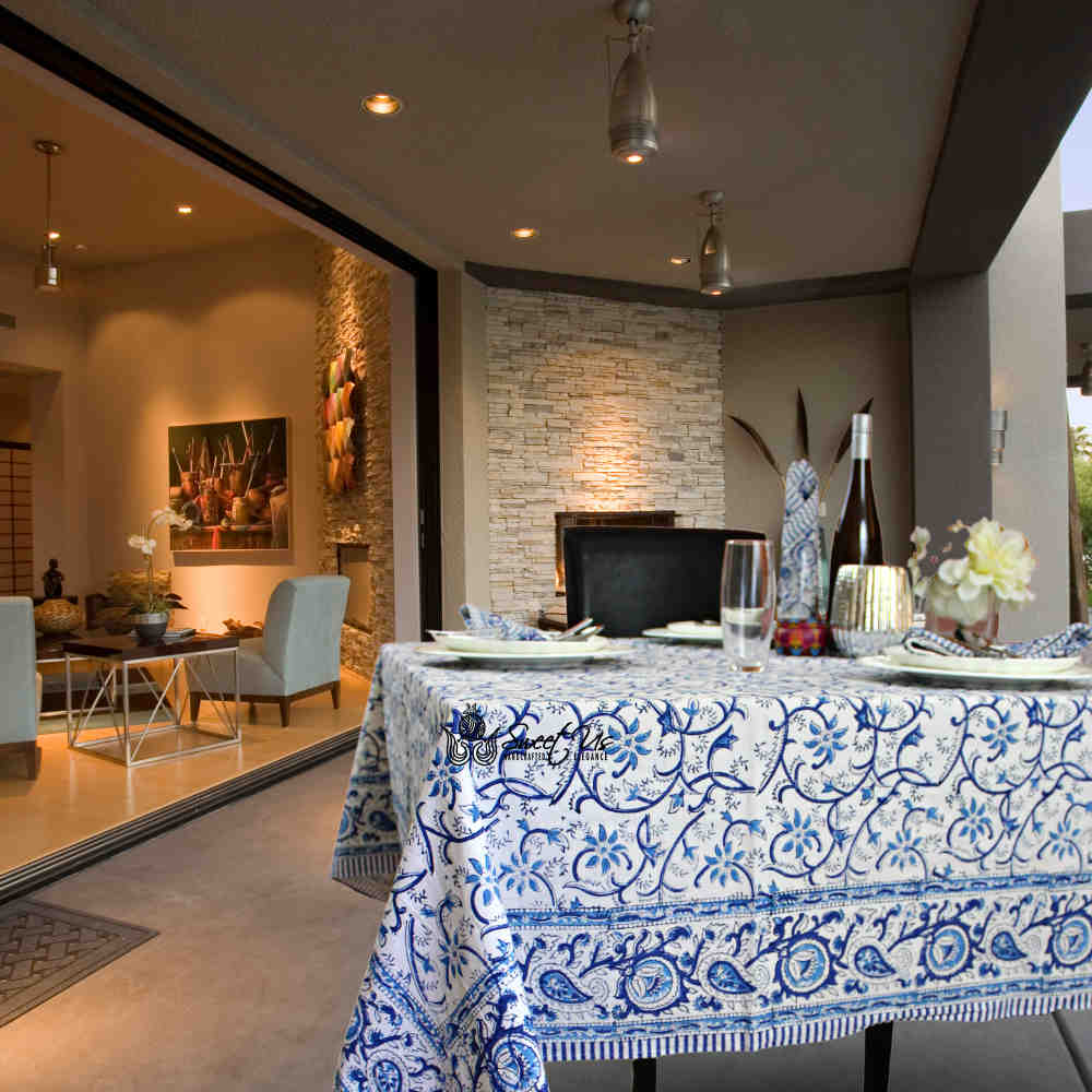 Stella Floral Block Print Cotton Tablecloth Collection, Blue Opal