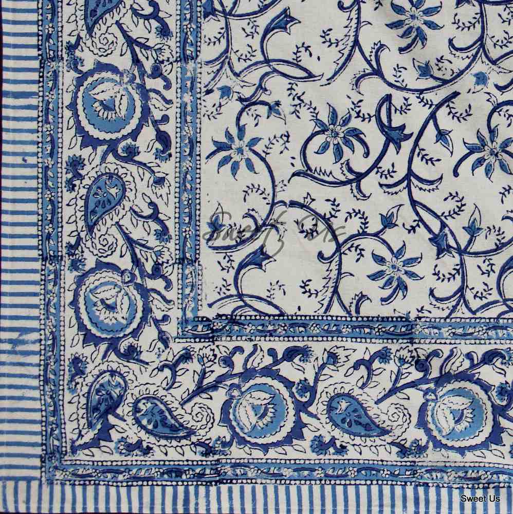 Stella Floral Block Print Cotton Tablecloth Collection, Blue Opal