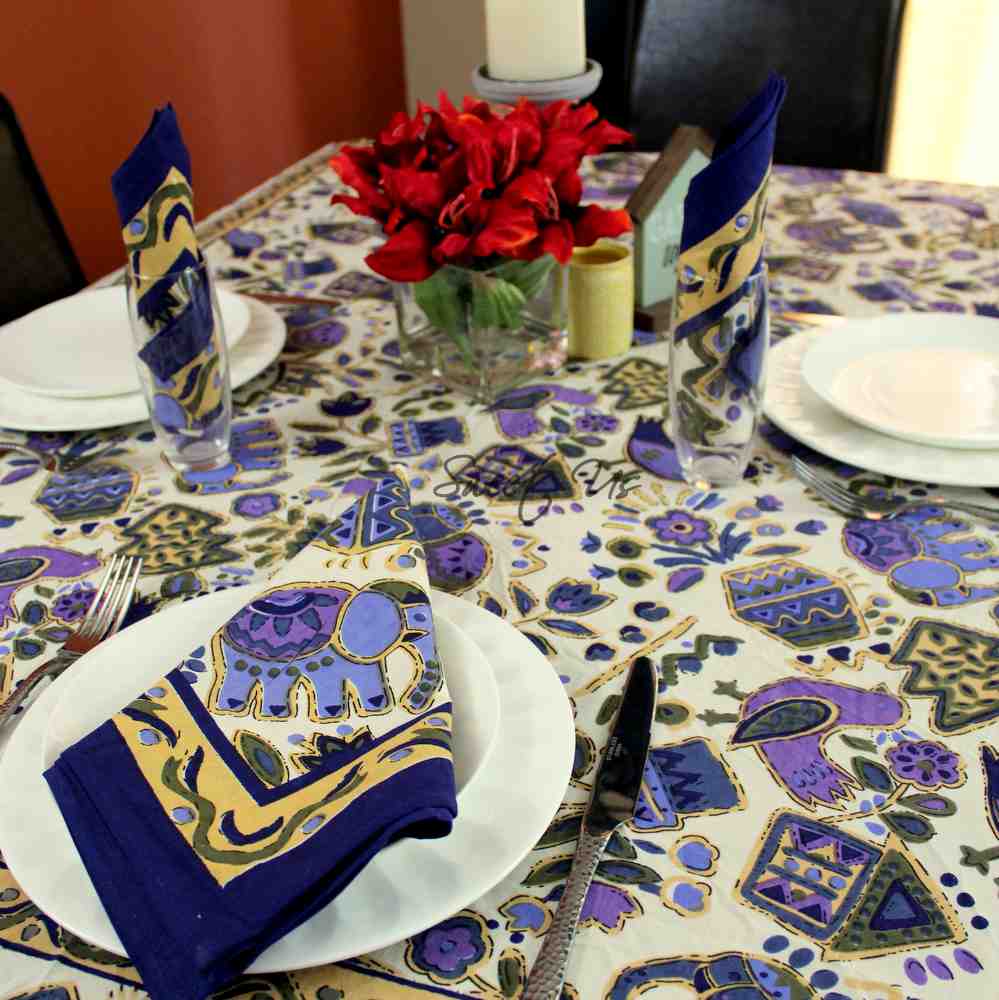 Safari Soiree Avian Floral Cotton Tablecloth Rectangle, Violet Gold