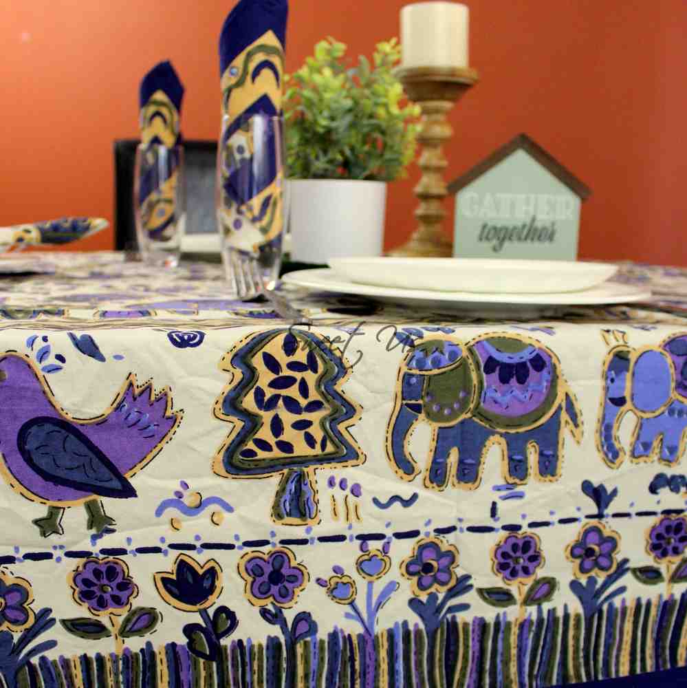 Safari Soiree Avian Floral Cotton Tablecloth Rectangle, Violet Gold