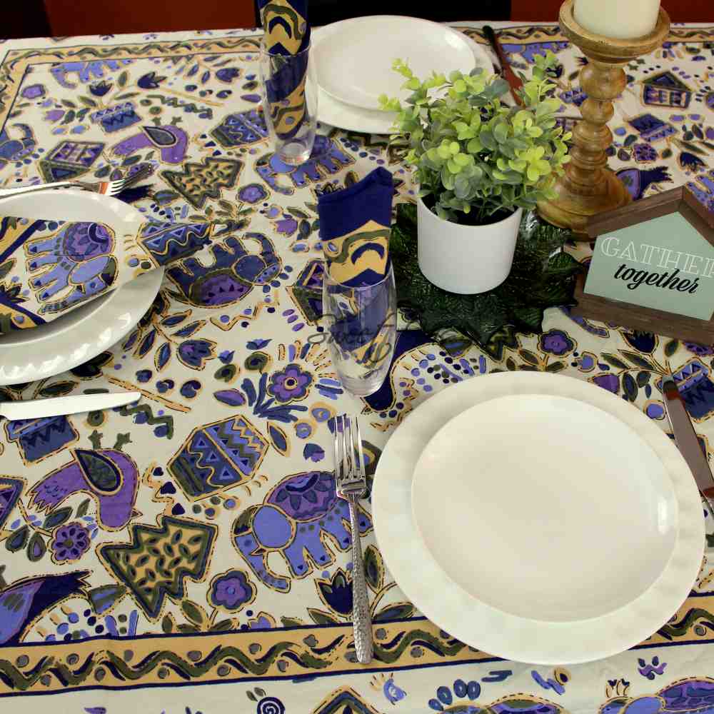 Safari Soiree Avian Floral Cotton Tablecloth Rectangle, Violet Gold
