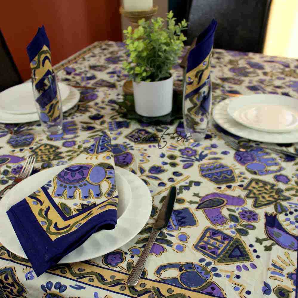Safari Soiree Avian Floral Cotton Tablecloth Rectangle, Violet Gold