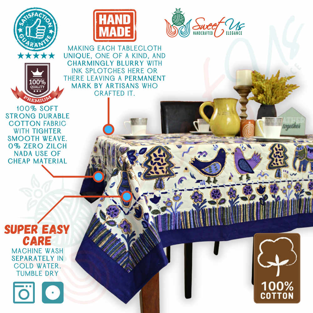 Safari Soiree Avian Floral Cotton Tablecloth Rectangle, Violet Gold