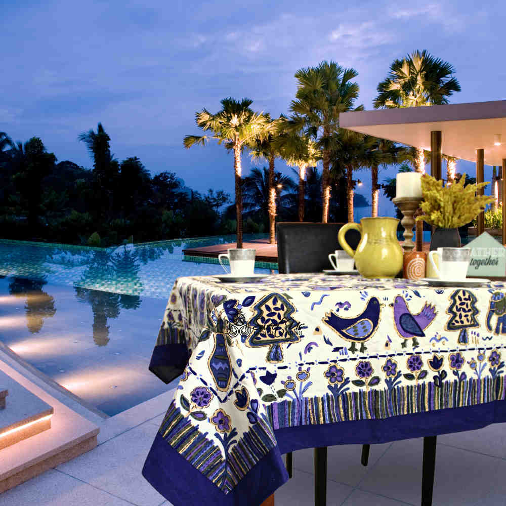 Safari Soiree Avian Floral Cotton Tablecloth Rectangle, Violet Gold