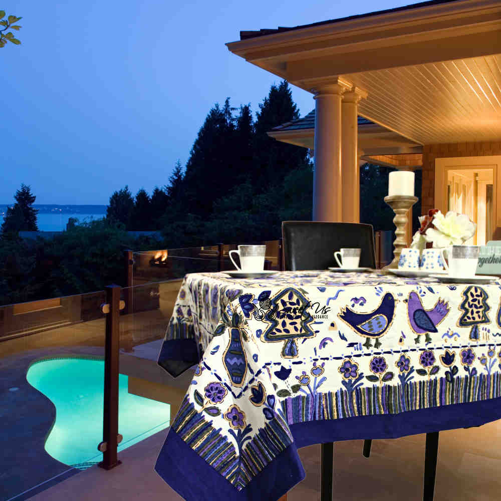 Safari Soiree Avian Floral Cotton Tablecloth Square, Violet Gold