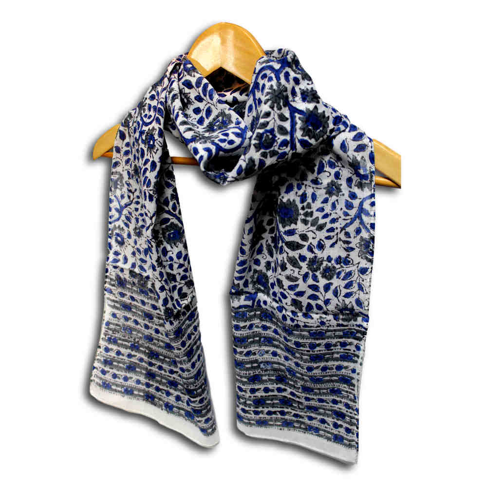 Large Cotton Block Print Summer Scarf for Women Lightweight Soft Sheer Blue Gray