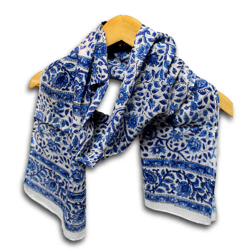 Large Cotton Block Print Summer Scarf for Women Lightweight Soft Sheer Blue
