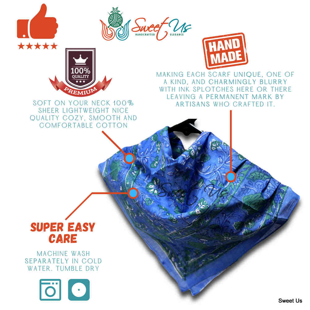 Scarf for Women Sheer Soft Cotton Floral Green Blue Burgundy Bandana