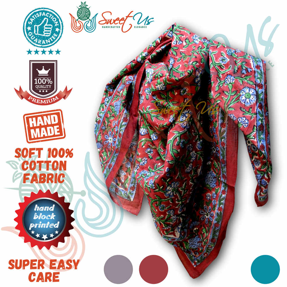 Scarf for Women Sheer Soft Cotton Floral Green Blue Burgundy Bandana