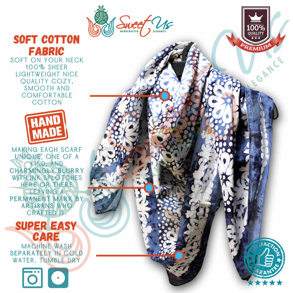 Batik Bloom Floral Sheer Soft Cotton Scarf for Women, Shadow Blue