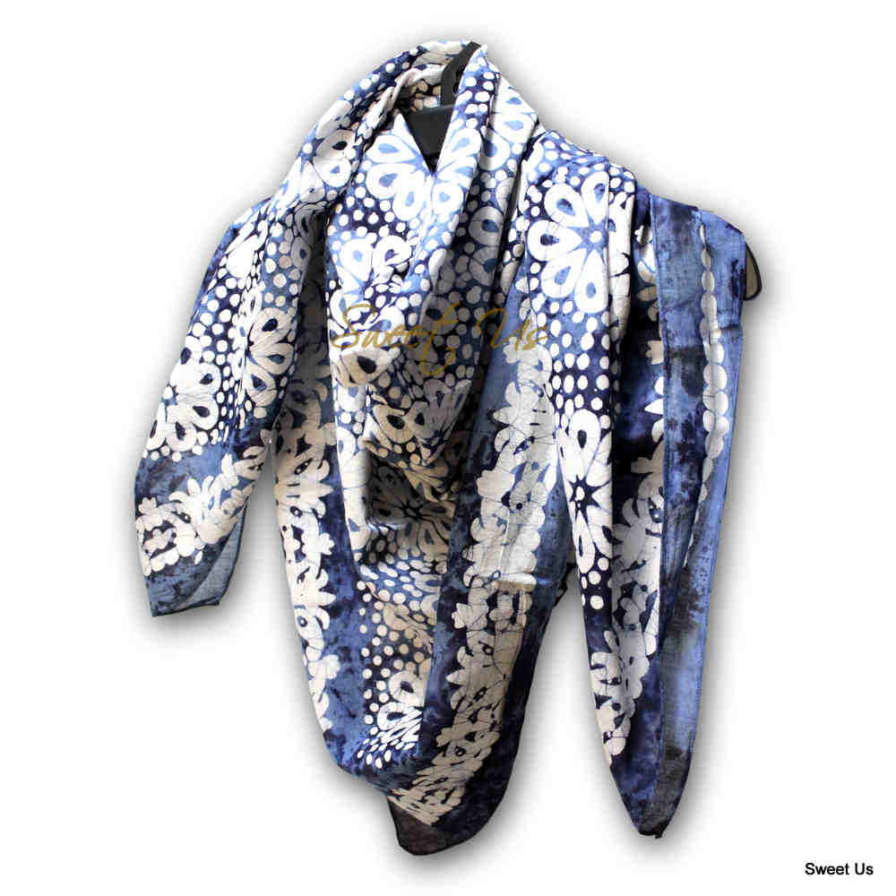 Batik Bloom Floral Sheer Soft Cotton Scarf for Women, Shadow Blue