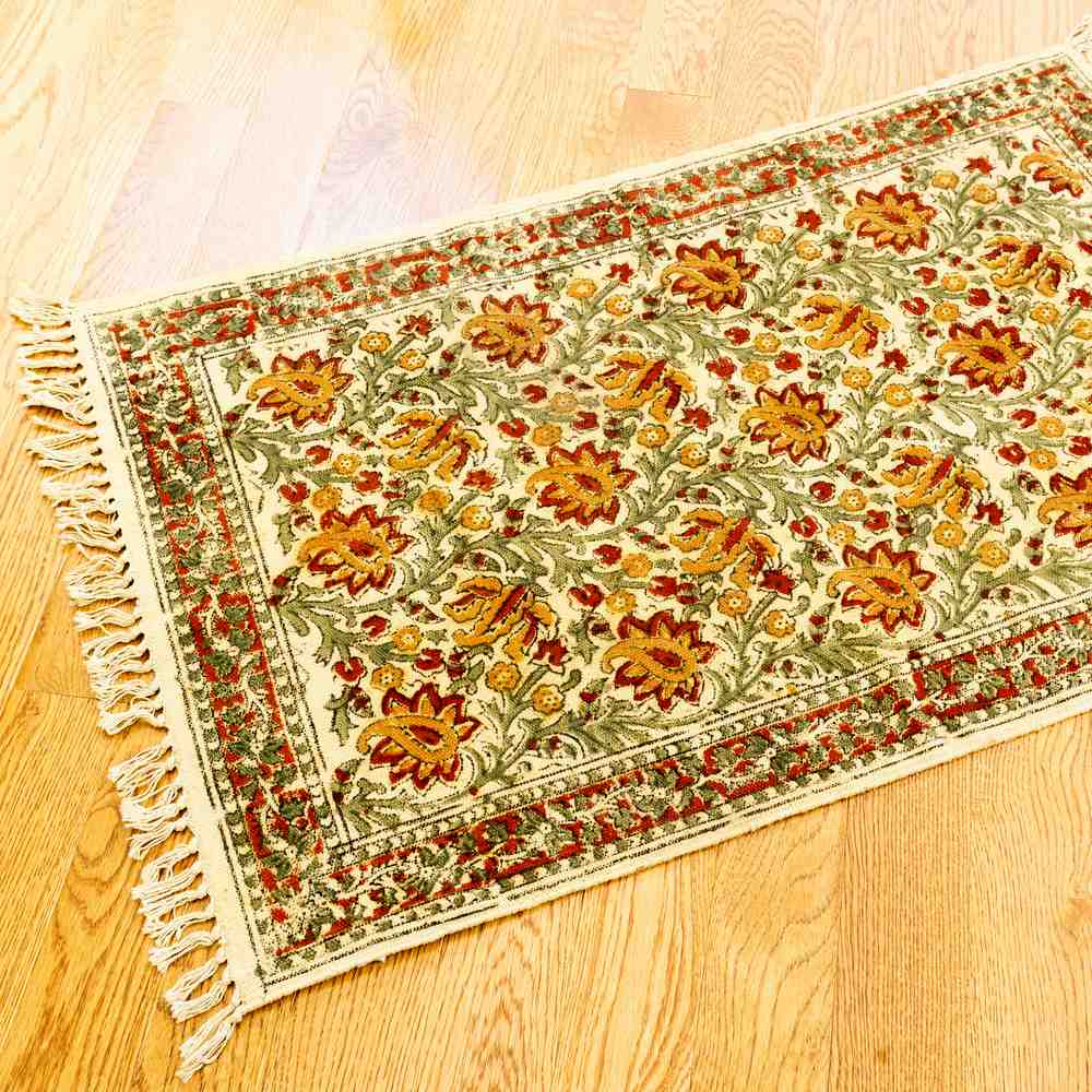Hand Block Print Veggie Dye Bohemian Area Rugs Living Bedroom Chrysum Floral Rug - Sweet Us