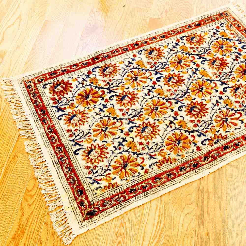 Hand Block Print Veggie Dye Bohemian Area Rugs Living Bedroom Floral Zinnia Rug - Sweet Us