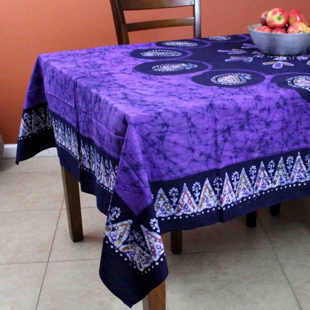 Cotton Linen Multi Batik Paisley Floral Tablecloth Rectangle Purple