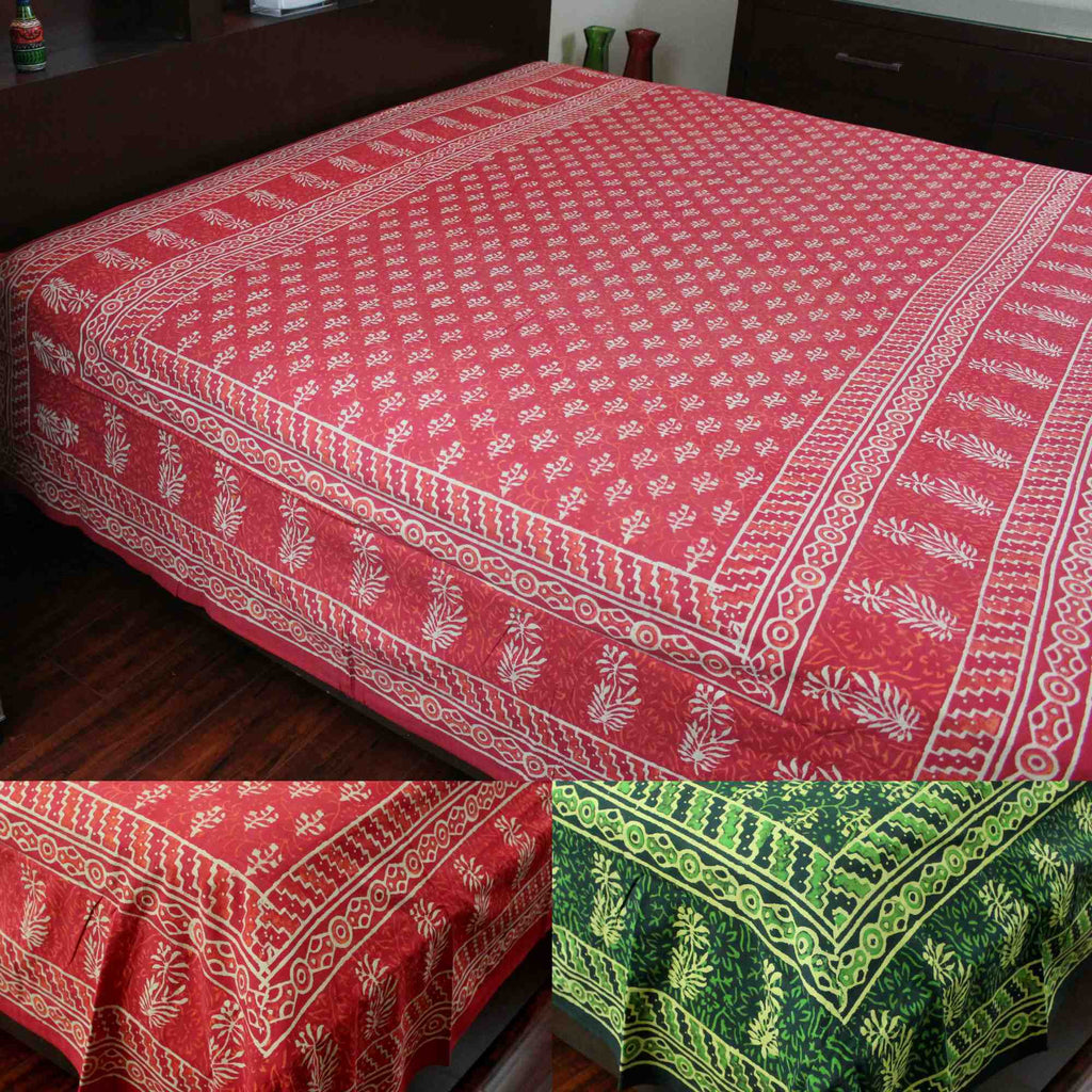 Dabu Hand Block Print Cotton Tapestry Bedspread Throw 72 x 106 inches Green Red Blue - Sweet Us