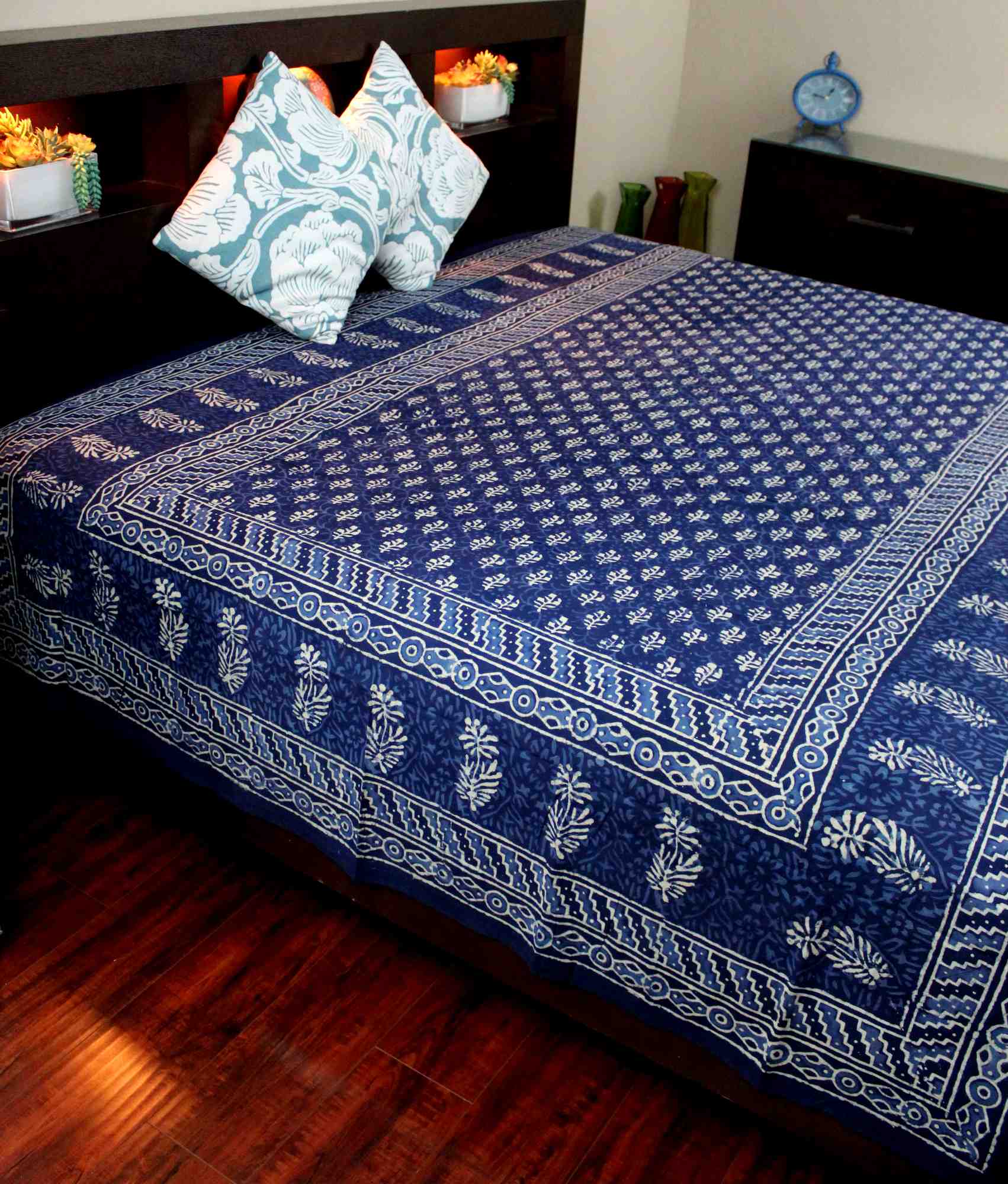 Dabu Hand Block Print Cotton Tapestry Bedspread Throw 72 x 106 inches Green Red Blue - Sweet Us