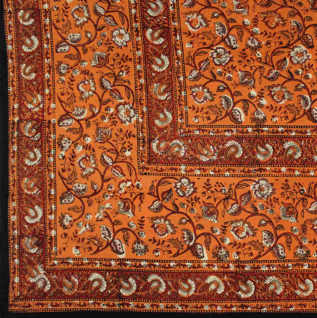 Hand Block Print Dabu Tapestry Rectangular Floral Twin Saffron Green Orange - Sweet Us