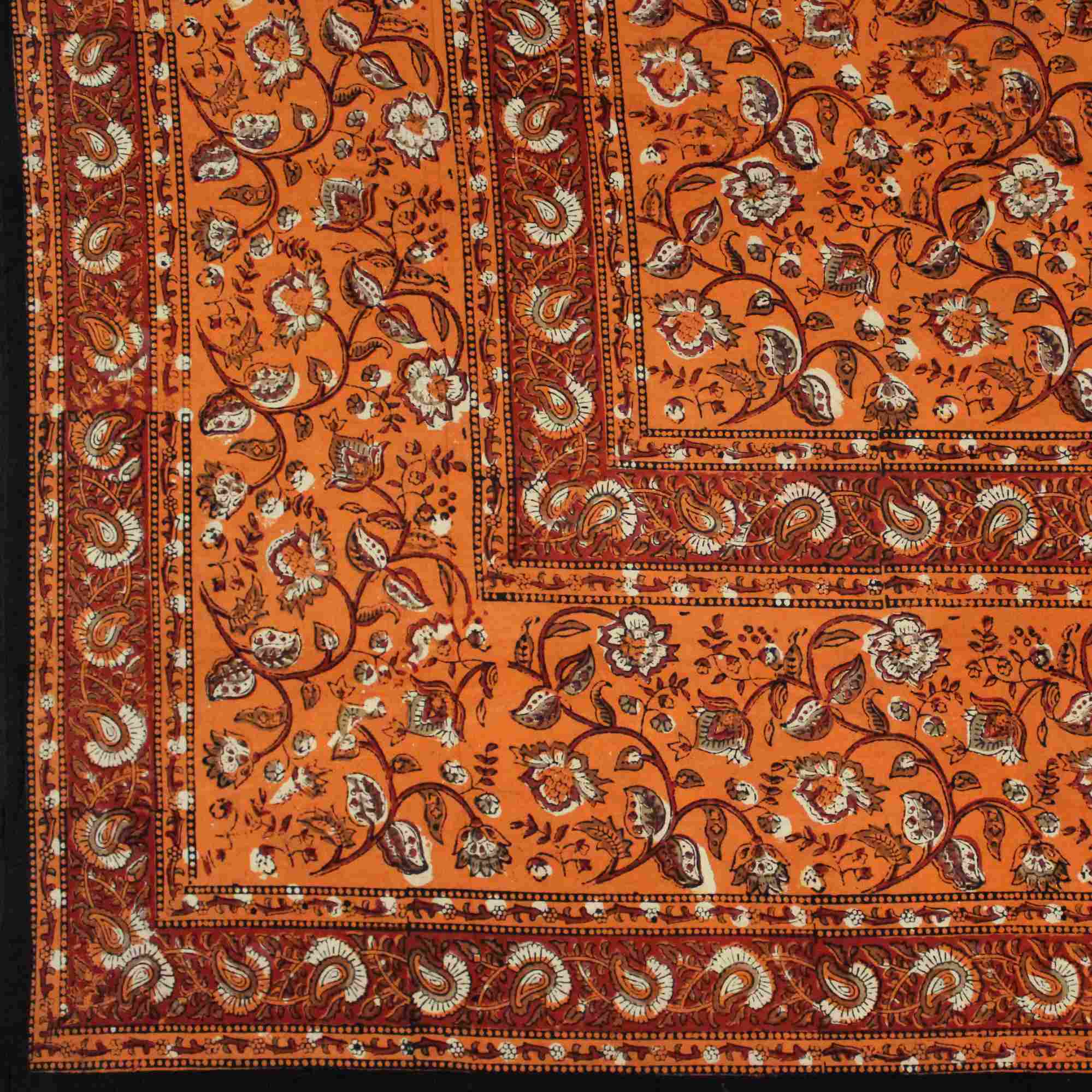 Hand Block Print Dabu Tapestry Rectangular Floral Twin Saffron Green Orange - Sweet Us