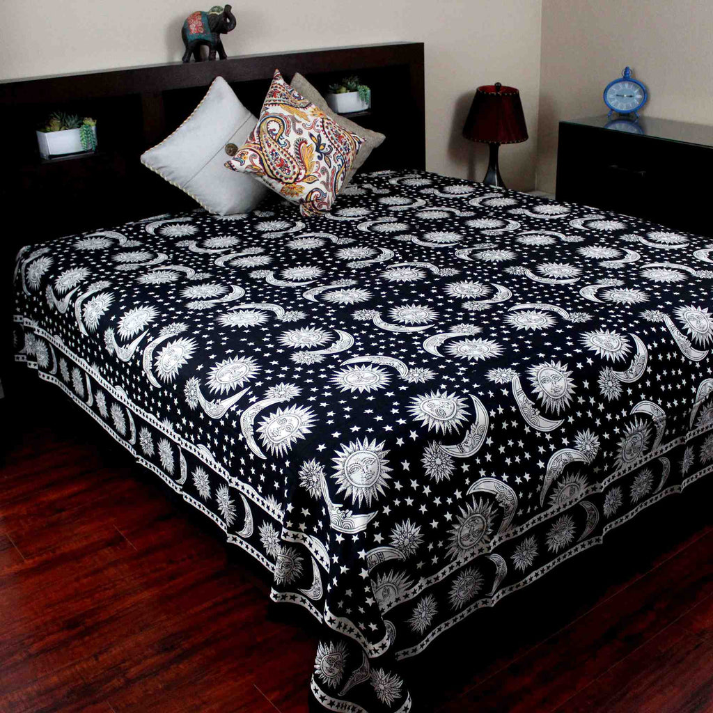Handmade 100% Cotton Celestial Sun Moon & Star Tapestry Coverlet Black White Full & Queen - Sweet Us
