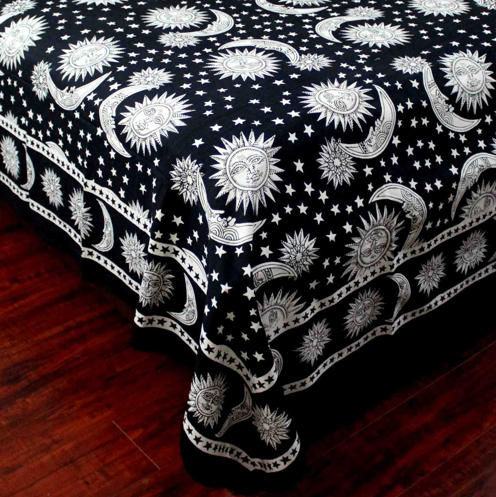 Handmade 100% Cotton Celestial Sun Moon & Star Tapestry Coverlet Black White Full & Queen - Sweet Us