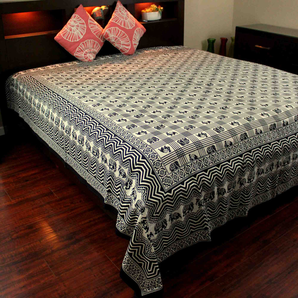 Cotton Elephant Floral Tapestry Wall Hang Spread Queen 108x108 inch Black White - Sweet Us