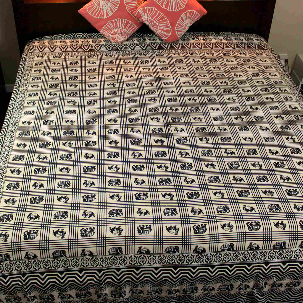 Cotton Elephant Floral Tapestry Wall Hang Spread Queen 108x108 inch Black White - Sweet Us