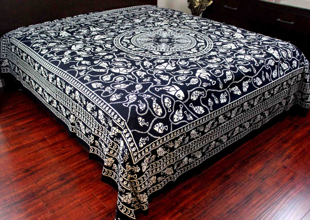 Cotton Marine Fish Print Tapestry Tablecloth Spread Dorm Beach Sheet Twin Full Queen - Sweet Us