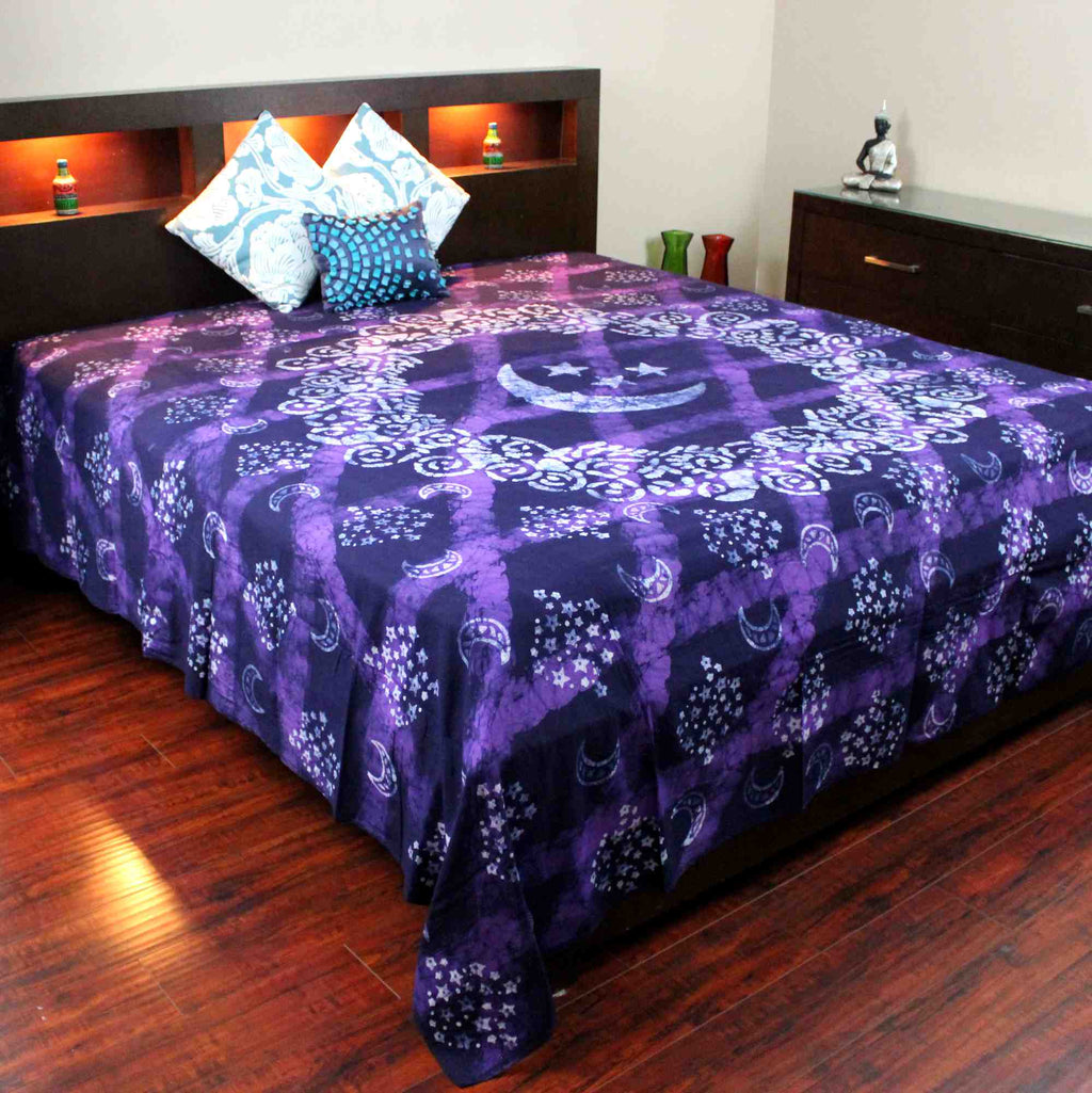 Handmade Celestial Batik Cotton Tapestry Spread Queen King Purple 108 x 108 inch - Sweet Us