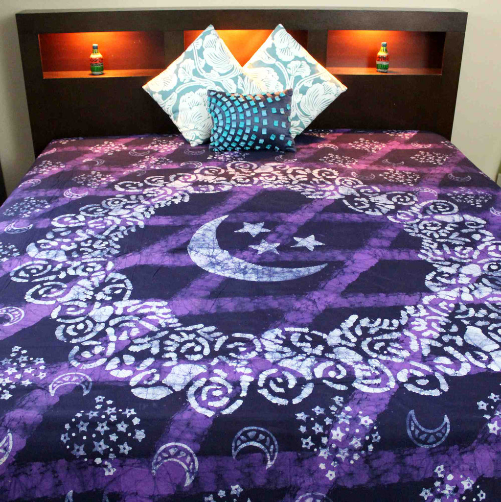 Handmade Celestial Batik Cotton Tapestry Spread Queen King Purple 108 x 108 inch - Sweet Us