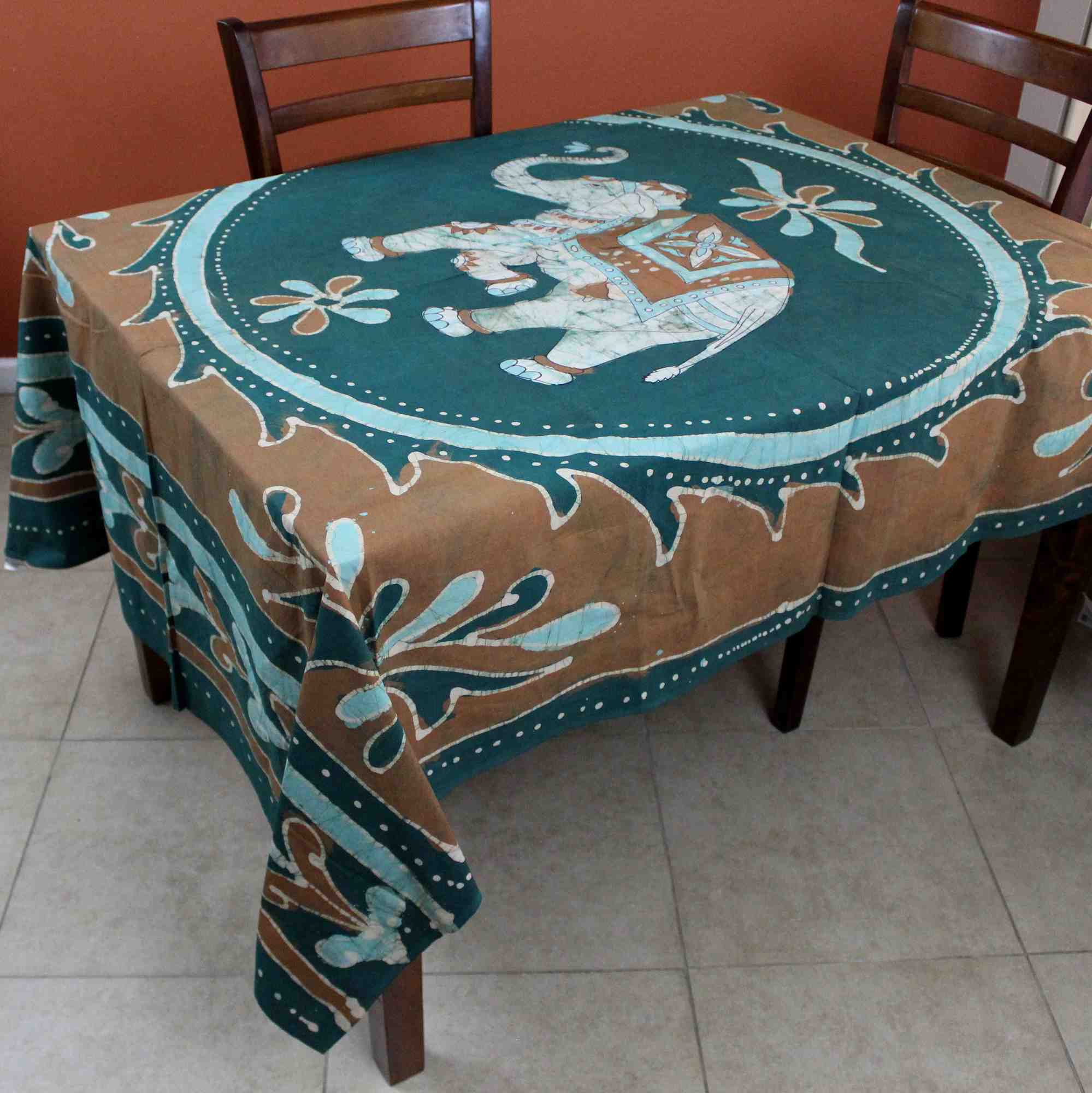 Batik Elephant Mandala Rectangular Tablecloth 60 x 90 inches Red Brown Handmade Cotton Table Linen - Sweet Us
