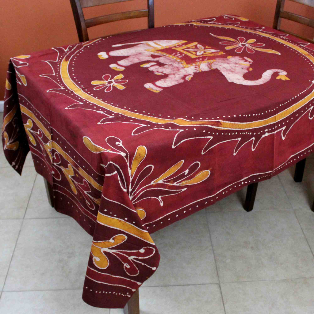 Batik Elephant Mandala Rectangular Tablecloth 60 x 90 inches Red Brown Handmade Cotton Table Linen - Sweet Us