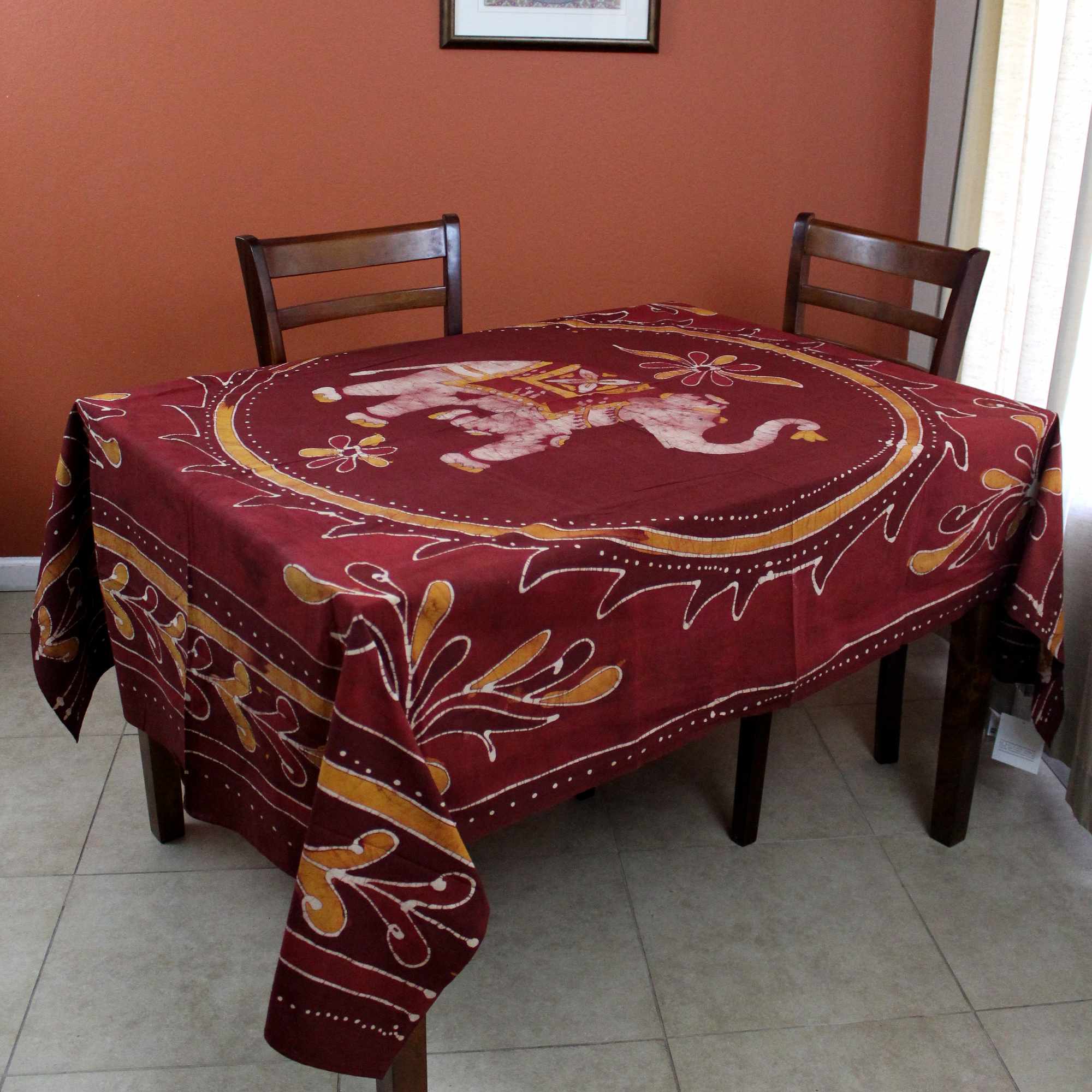 Batik Elephant Mandala Rectangular Tablecloth 60 x 90 inches Red Brown Handmade Cotton Table Linen - Sweet Us
