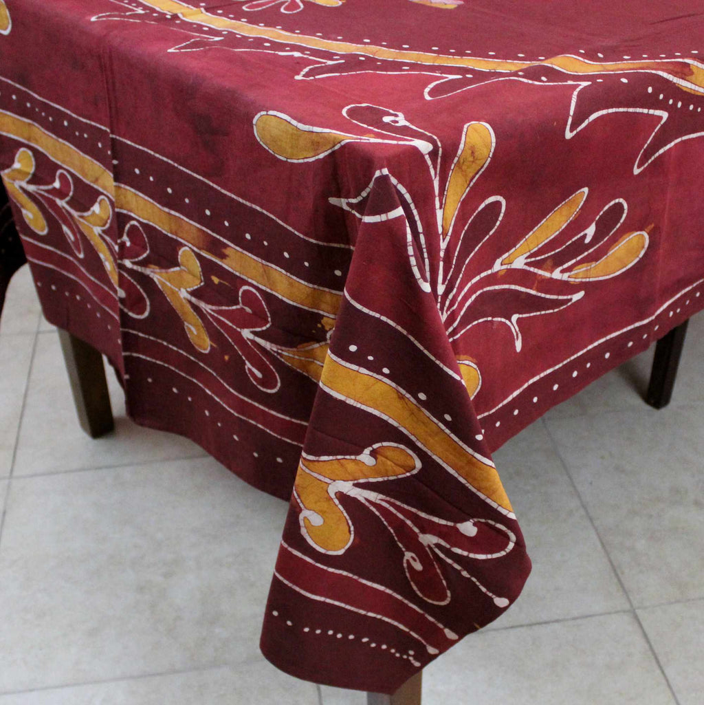 Batik Elephant Mandala Rectangular Tablecloth 60 x 90 inches Red Brown Handmade Cotton Table Linen - Sweet Us