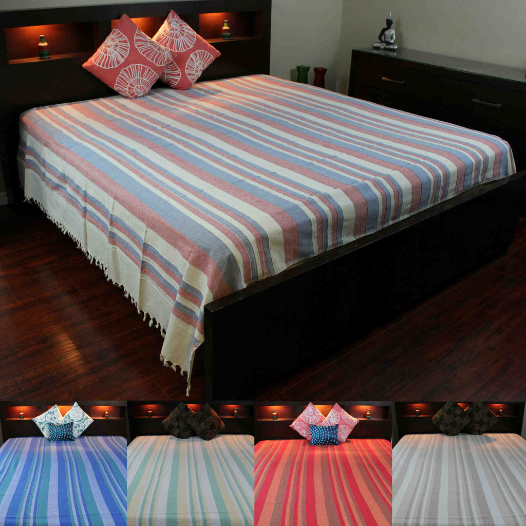 Heavy Cotton Ribbed Striped Tapestry Spread 98 x 88 inches Beige Tan Red Green - Sweet Us