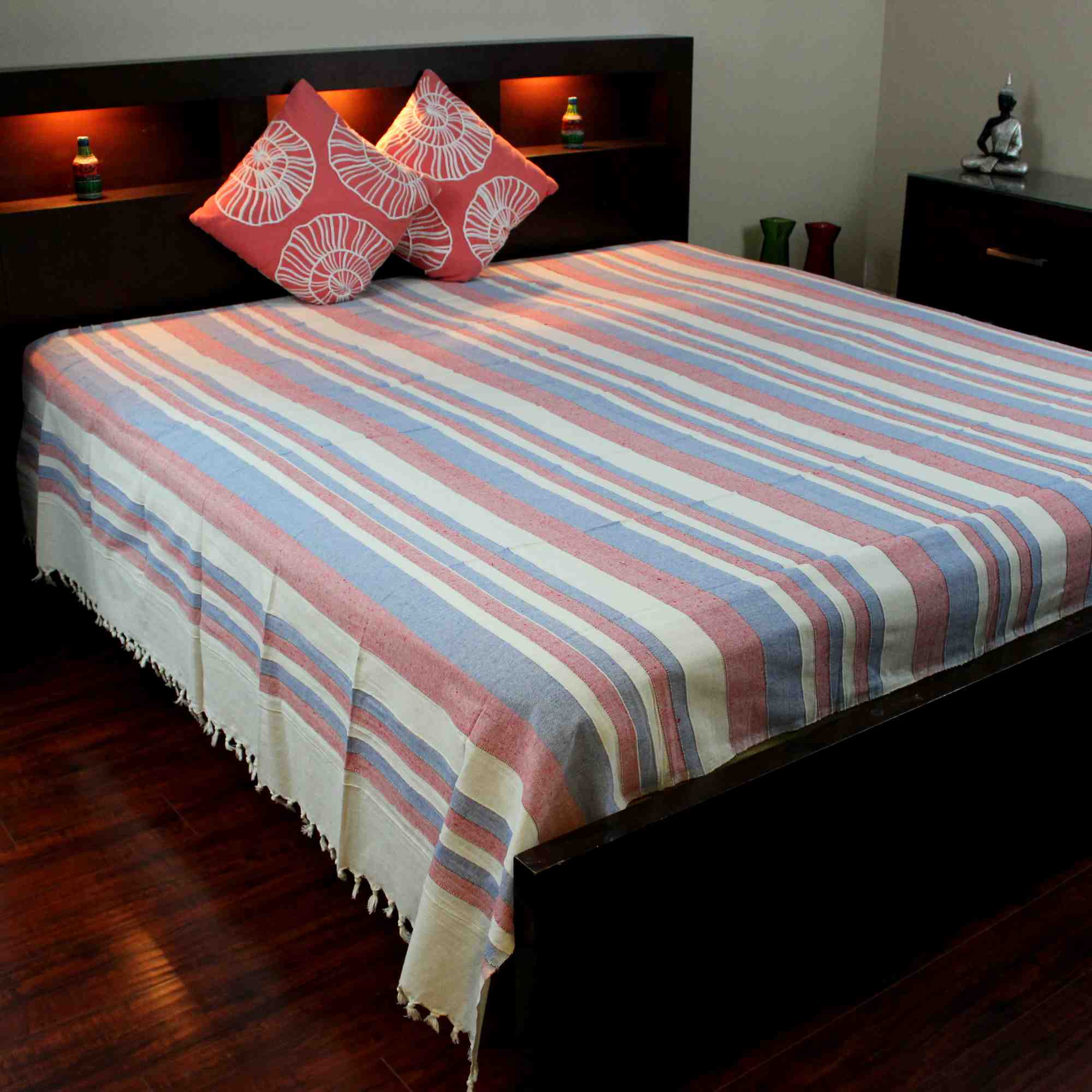 Heavy Cotton Ribbed Striped Tapestry Spread 98 x 88 inches Beige Tan Red Green - Sweet Us