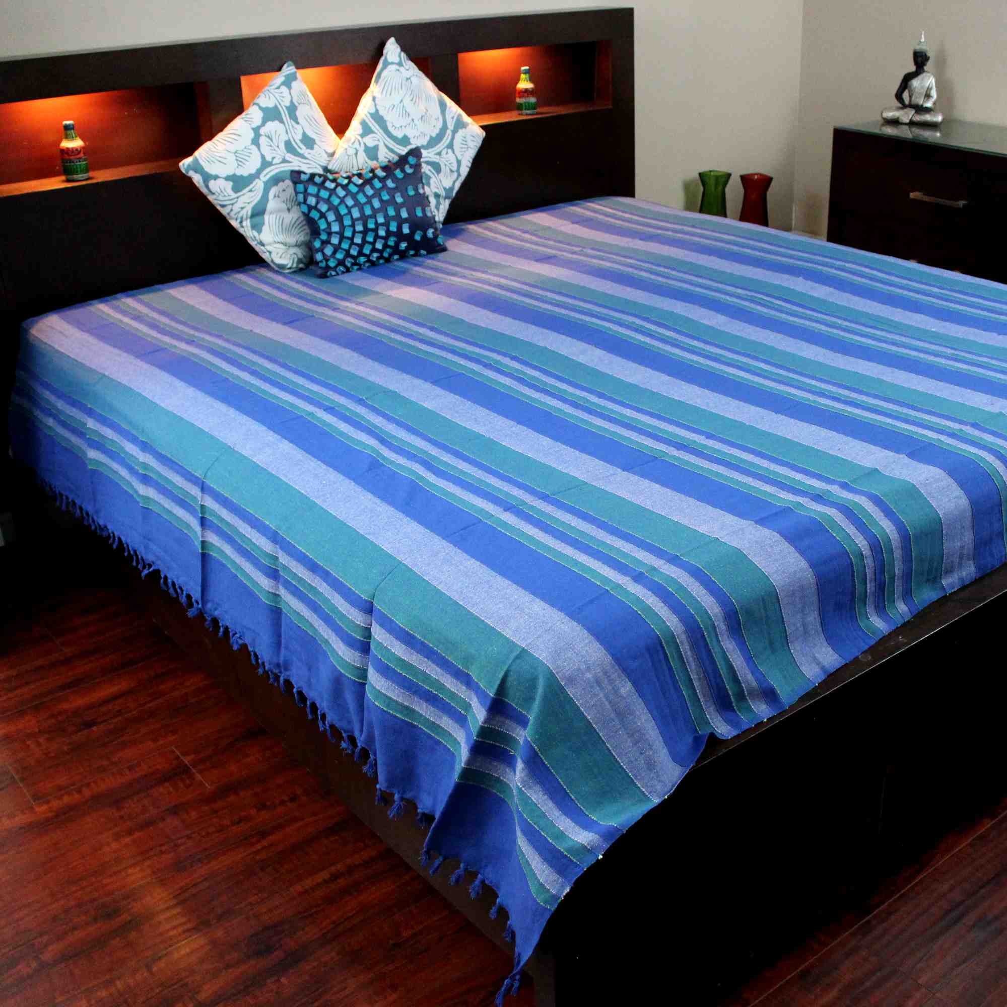 Heavy Cotton Ribbed Striped Tapestry Spread 98 x 88 inches Beige Tan Red Green - Sweet Us