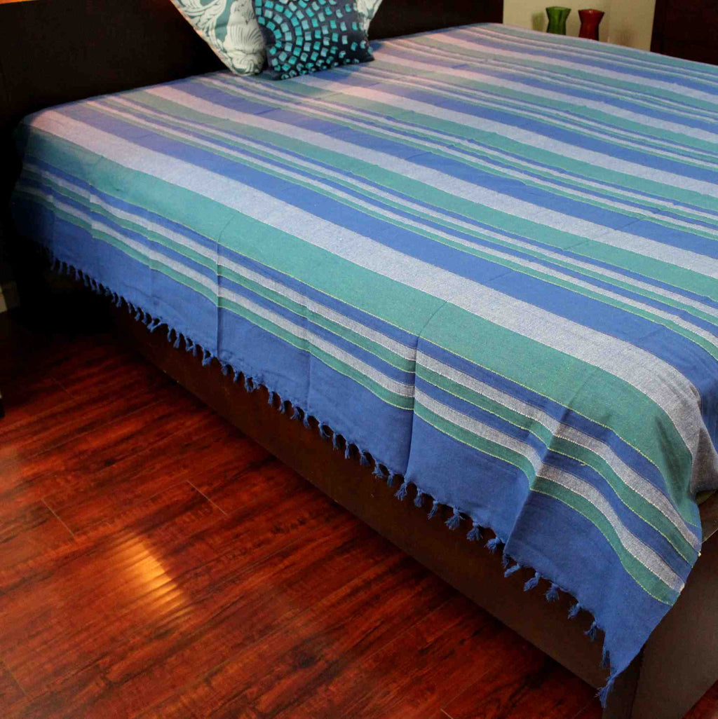 Heavy Cotton Ribbed Striped Tapestry Spread 98 x 88 inches Beige Tan Red Green - Sweet Us