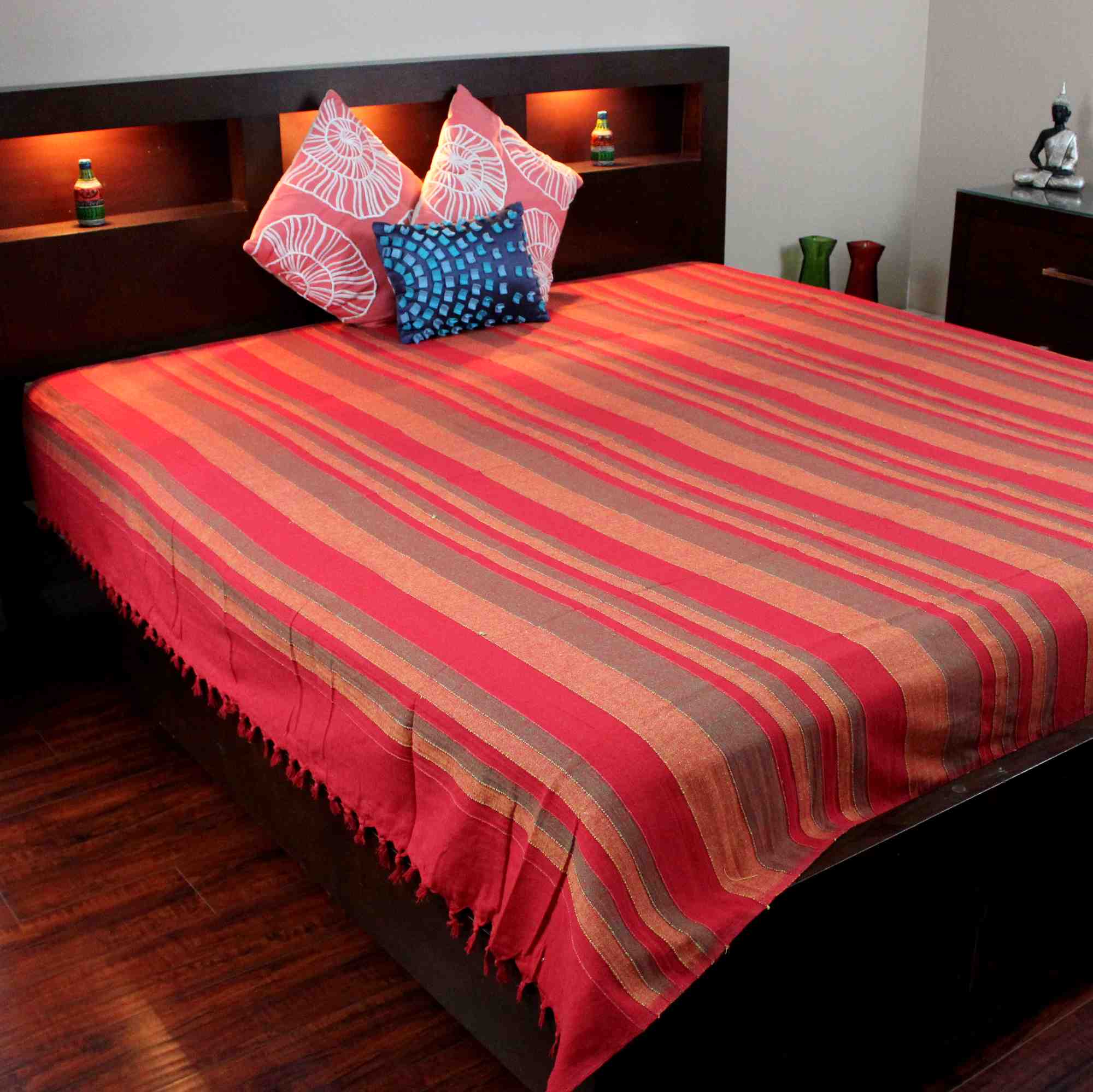 Heavy Cotton Ribbed Striped Tapestry Spread 98 x 88 inches Beige Tan Red Green - Sweet Us