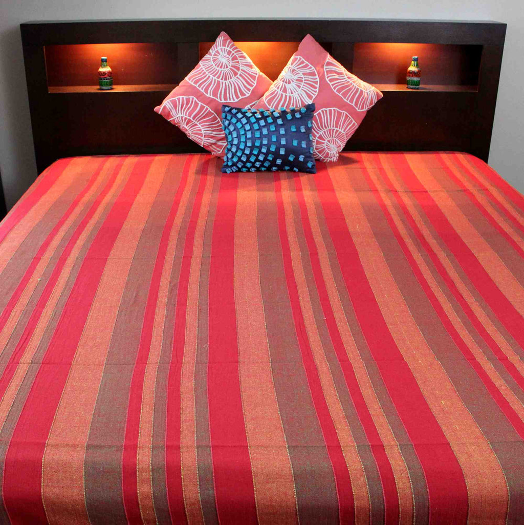 Heavy Cotton Ribbed Striped Tapestry Spread 98 x 88 inches Beige Tan Red Green - Sweet Us