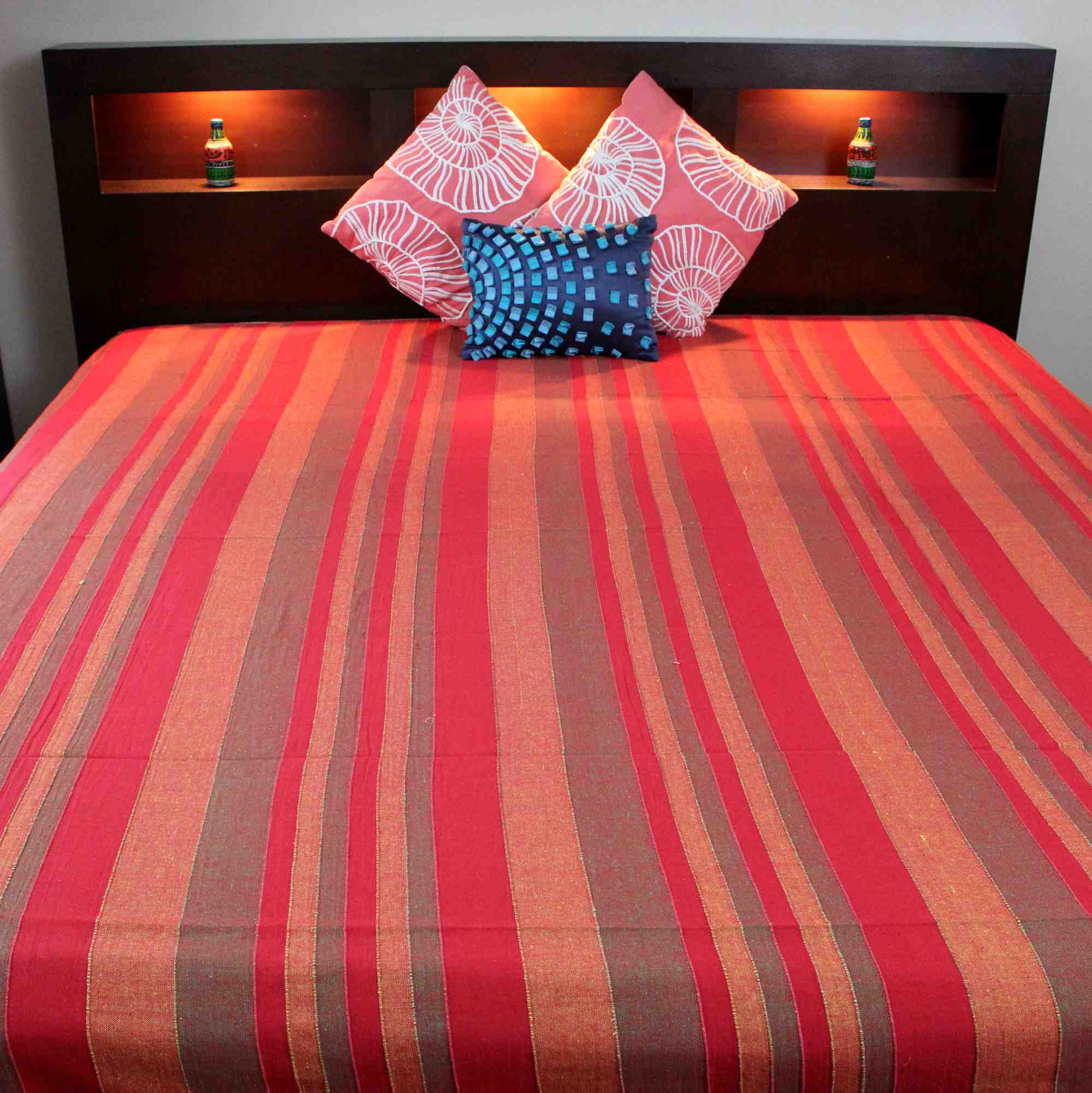 Heavy Cotton Ribbed Striped Tapestry Spread 98 x 88 inches Beige Tan Red Green - Sweet Us