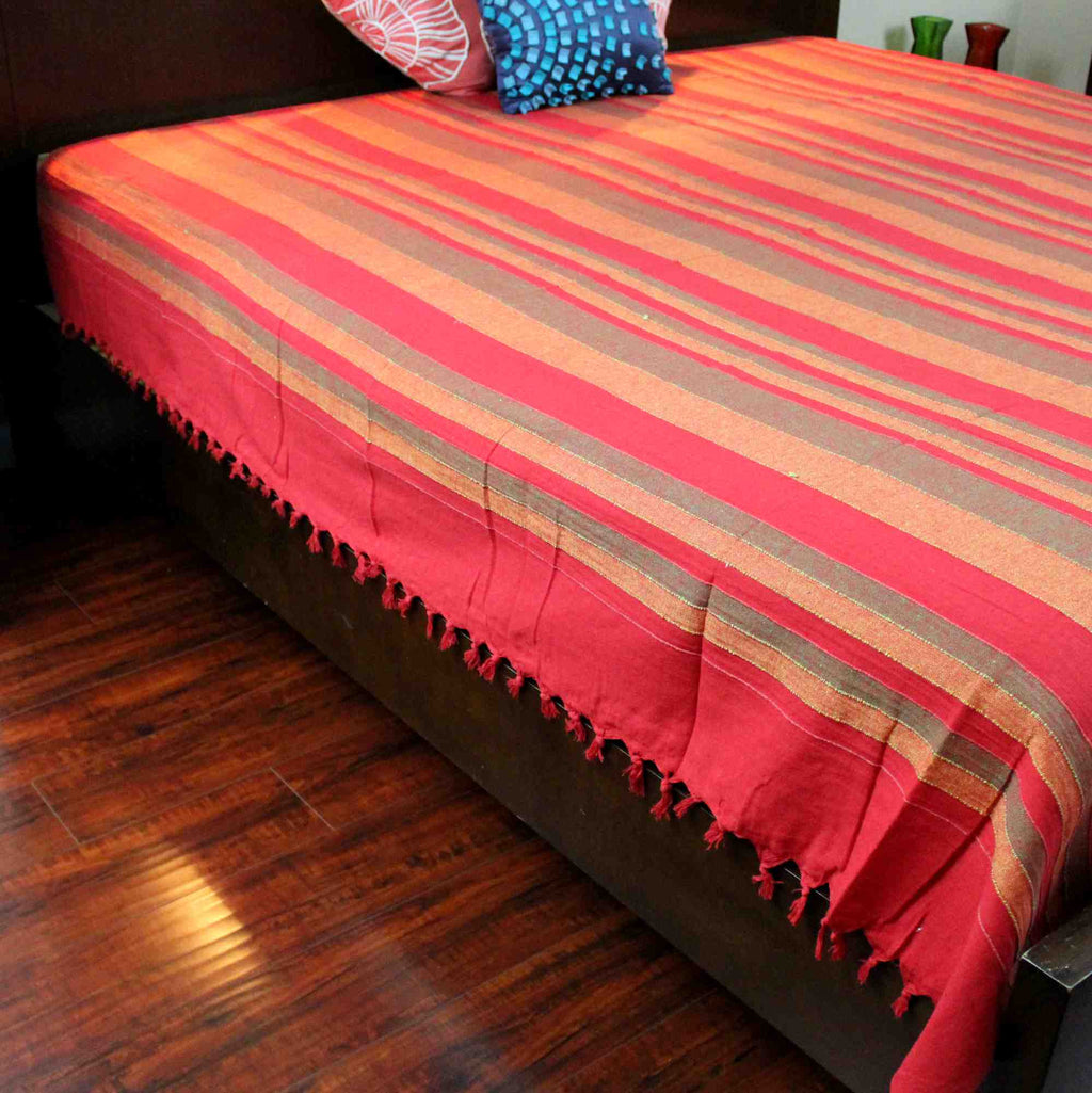 Heavy Cotton Ribbed Striped Tapestry Spread 98 x 88 inches Beige Tan Red Green - Sweet Us