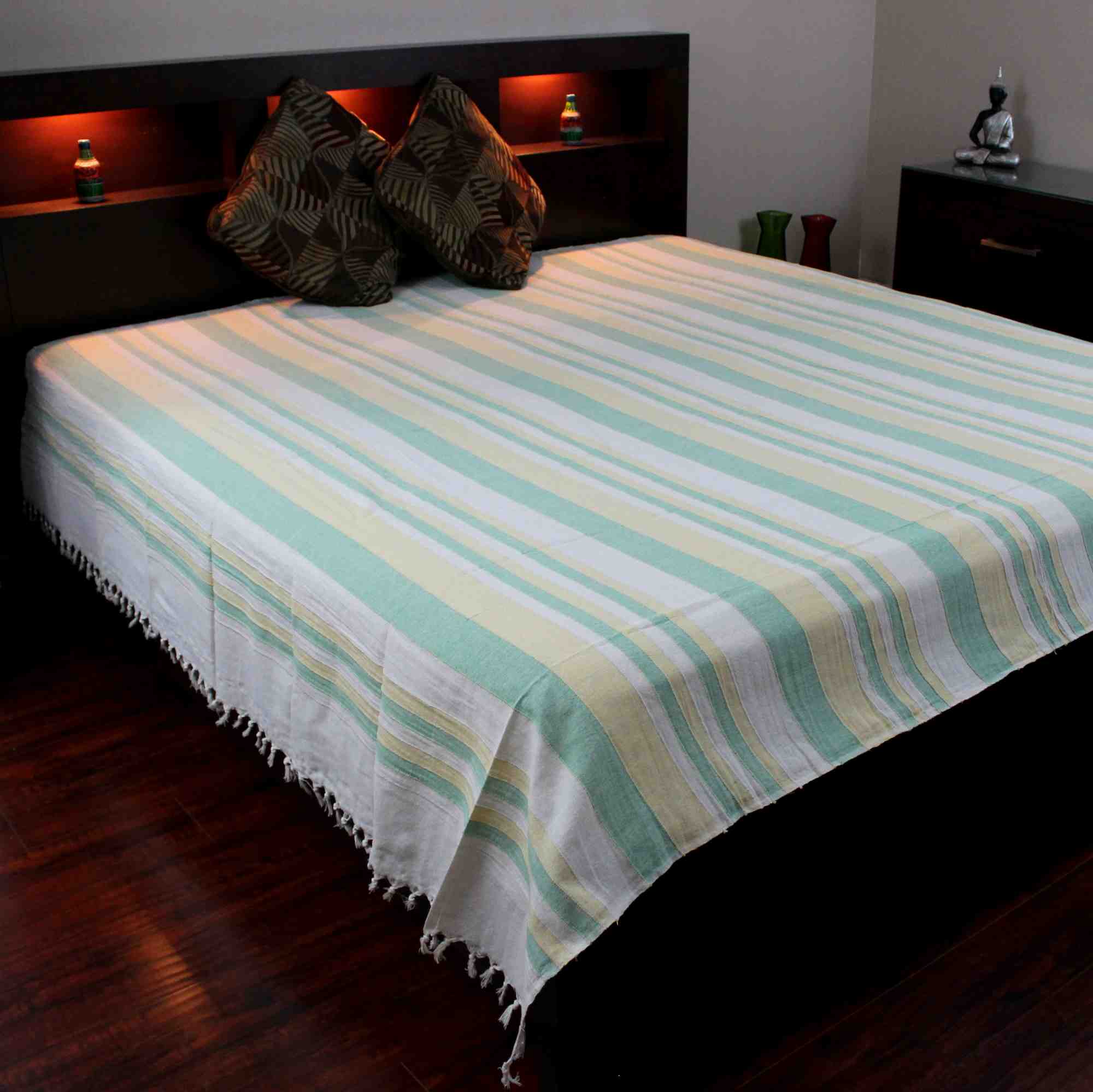 Heavy Cotton Ribbed Striped Tapestry Spread 98 x 88 inches Beige Tan Red Green - Sweet Us