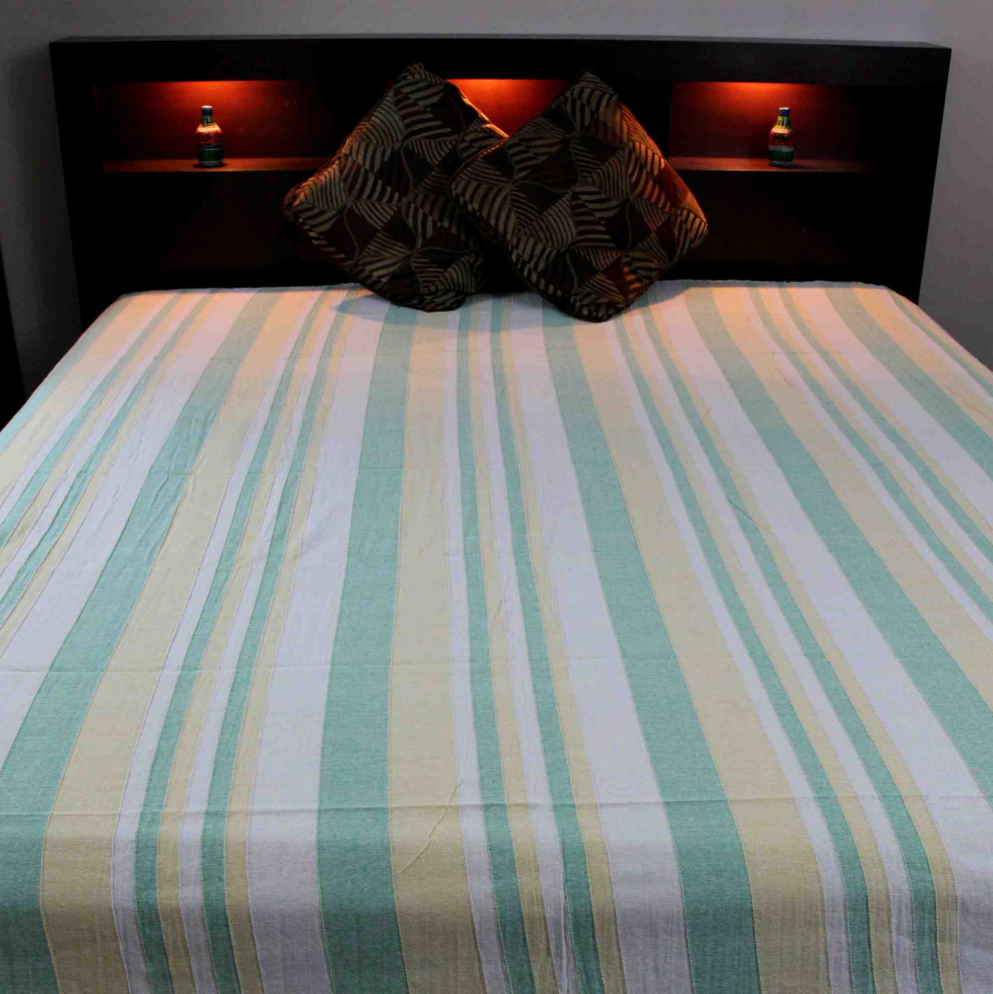 Heavy Cotton Ribbed Striped Tapestry Spread 98 x 88 inches Beige Tan Red Green - Sweet Us