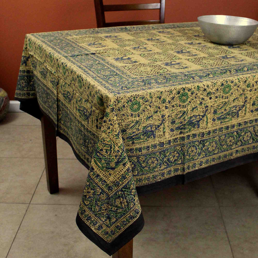 Elephant Batik Block Print Tablecloth Rectangular Cotton Gray Green Brown Red - Sweet Us