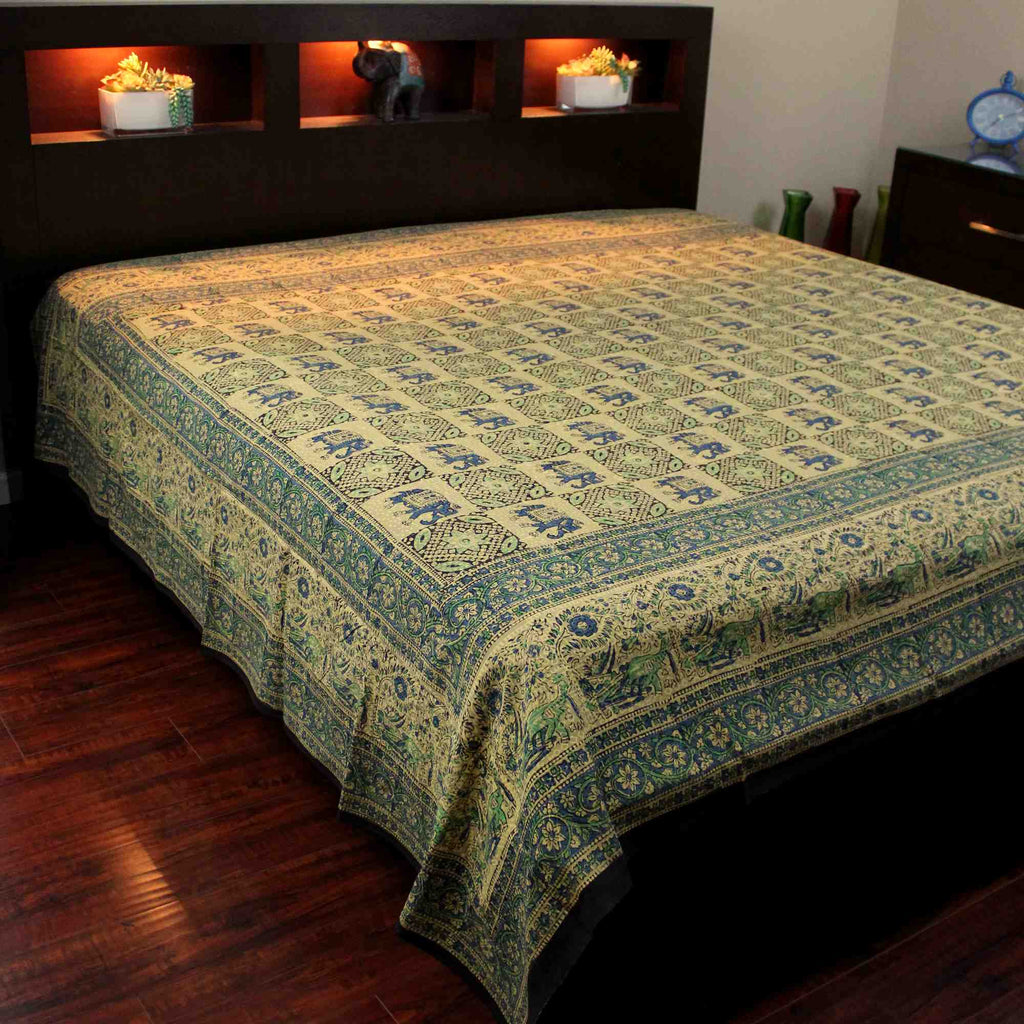 Elephant Block Print Batik Floral Tapestry Wall Hanging Spread Cotton Green - Sweet Us