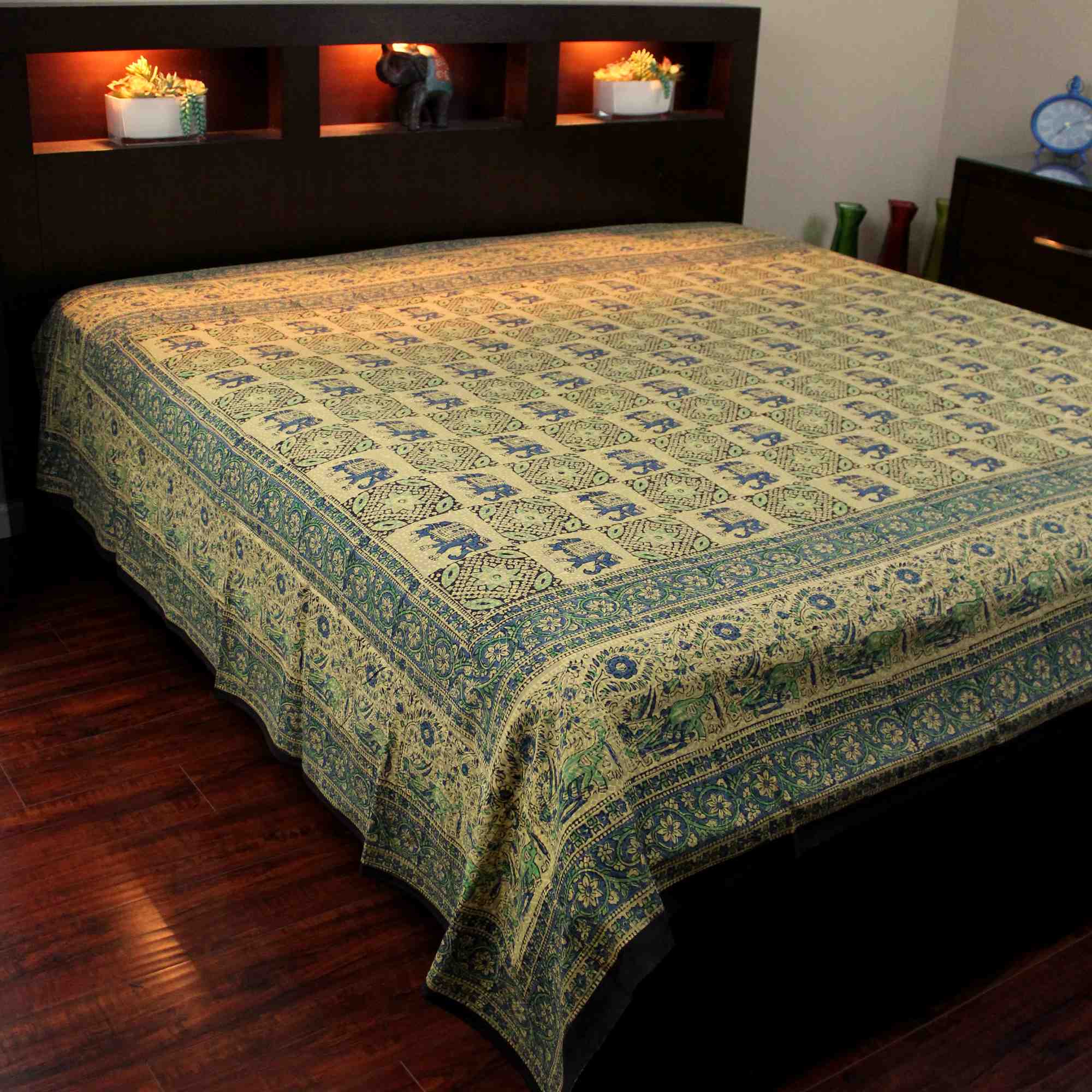 Elephant Block Print Batik Floral Tapestry Wall Hanging Spread Cotton Green - Sweet Us