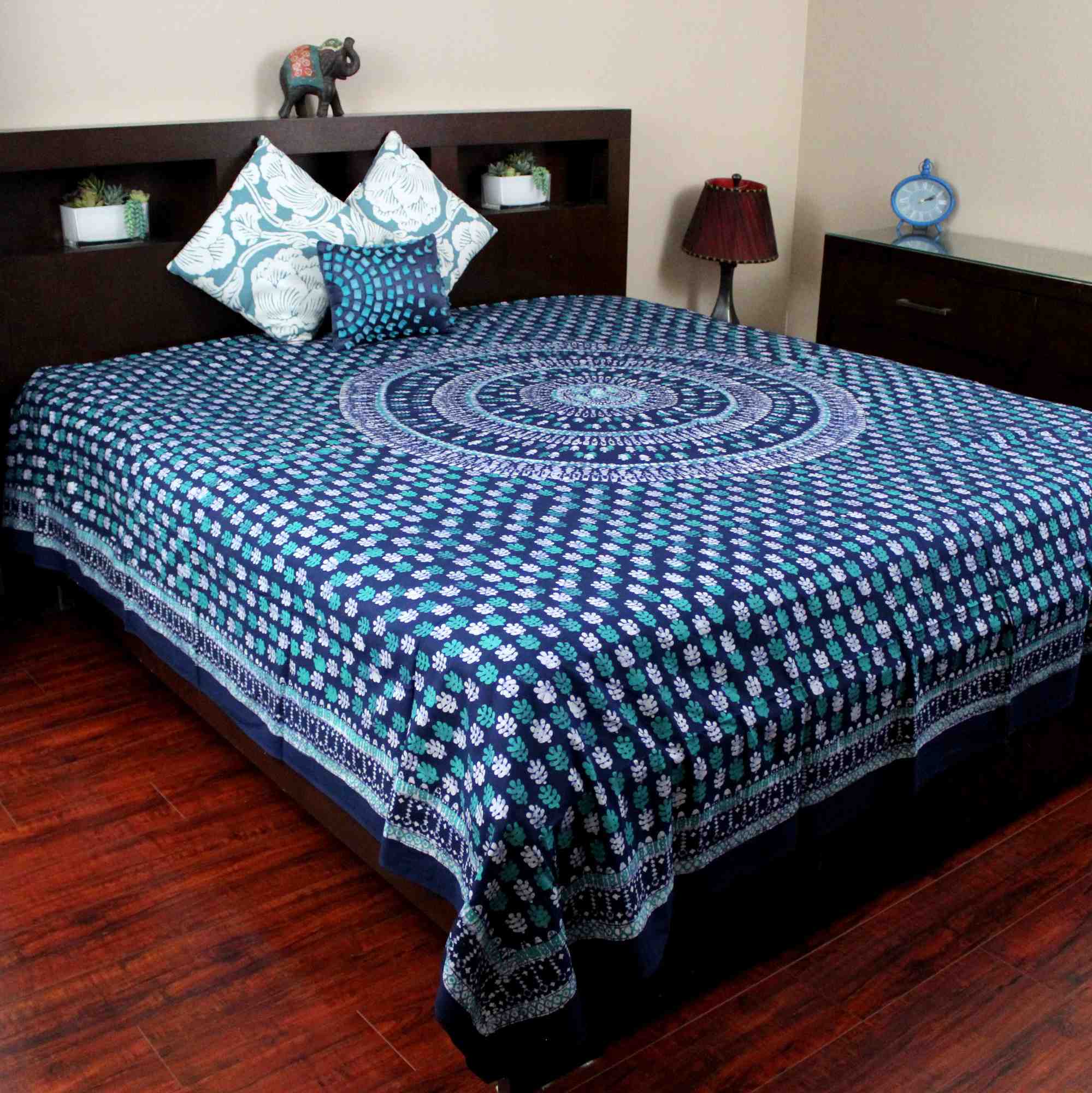 Handmade Cotton Batik Tulsi Leaf Mandala Tapestry Tablecloth Spread Green Queen - Sweet Us