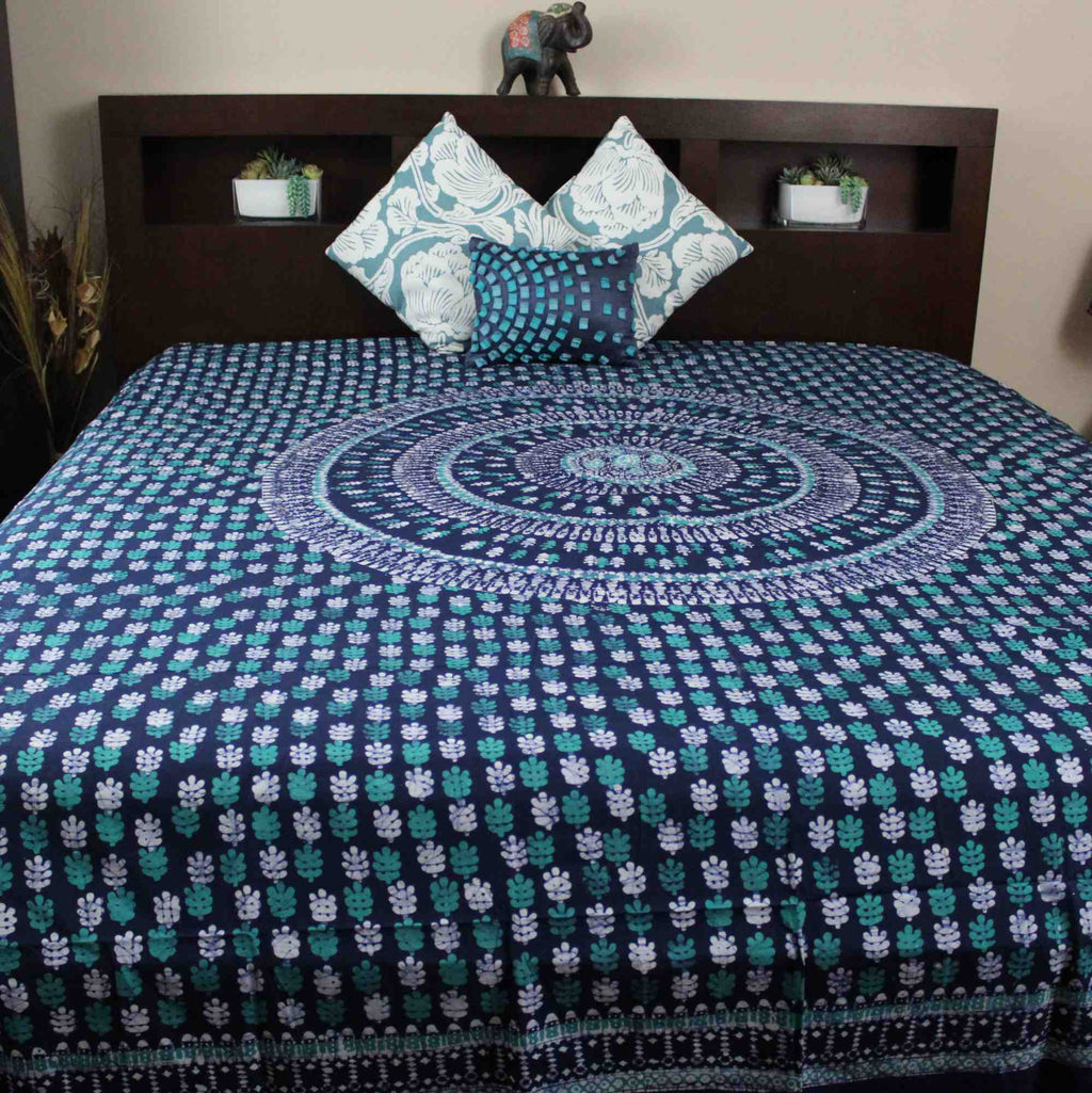 Handmade Cotton Batik Tulsi Leaf Mandala Tapestry Tablecloth Spread Green Queen - Sweet Us